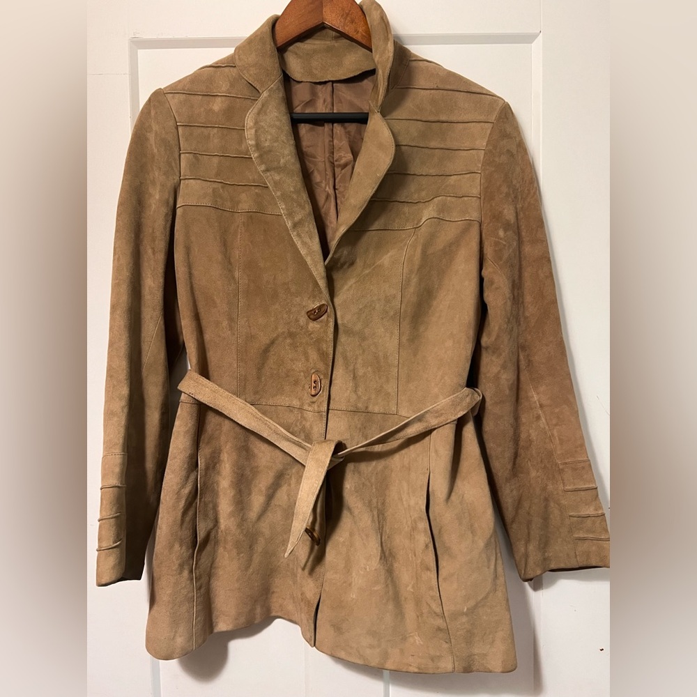 Vintage 70s Brown Suede Leather Jacket Belted Western Boho Car Coat M L